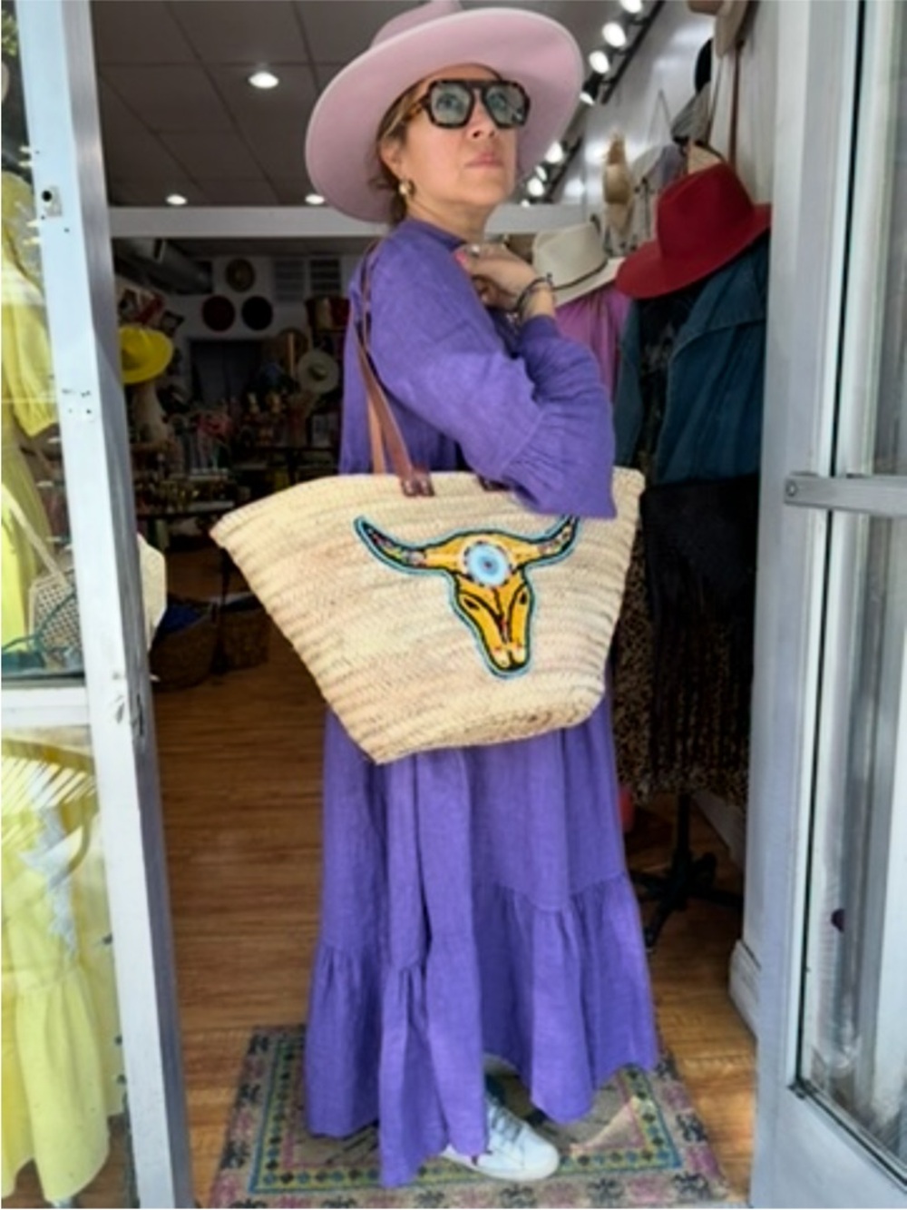 Beige Straw Tote with Embroidered Bull Motif - Natural